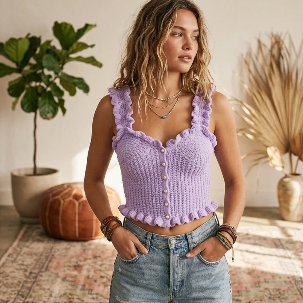 Coquette Ruffle Knit Crop Tank Stretchy Balletcore Cottage Bridal Romantic 🇺🇦